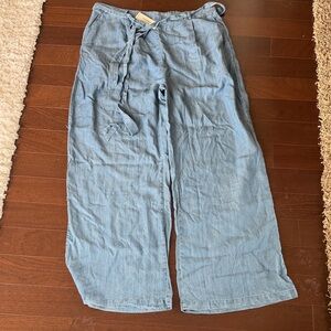 Francesca's Collections Chambray Light Blue Wide Leg Pants with Tie Waist